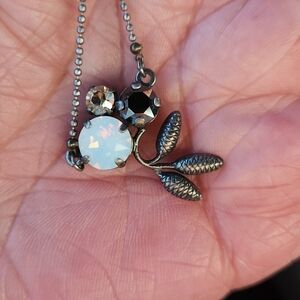 Sabika Silver Leaf Necklace with Black and White Crystals